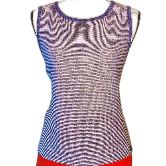 Vintage St John Sport Blue & White Striped Metallic Shell Tank Sz M - Picture 1 of 8
